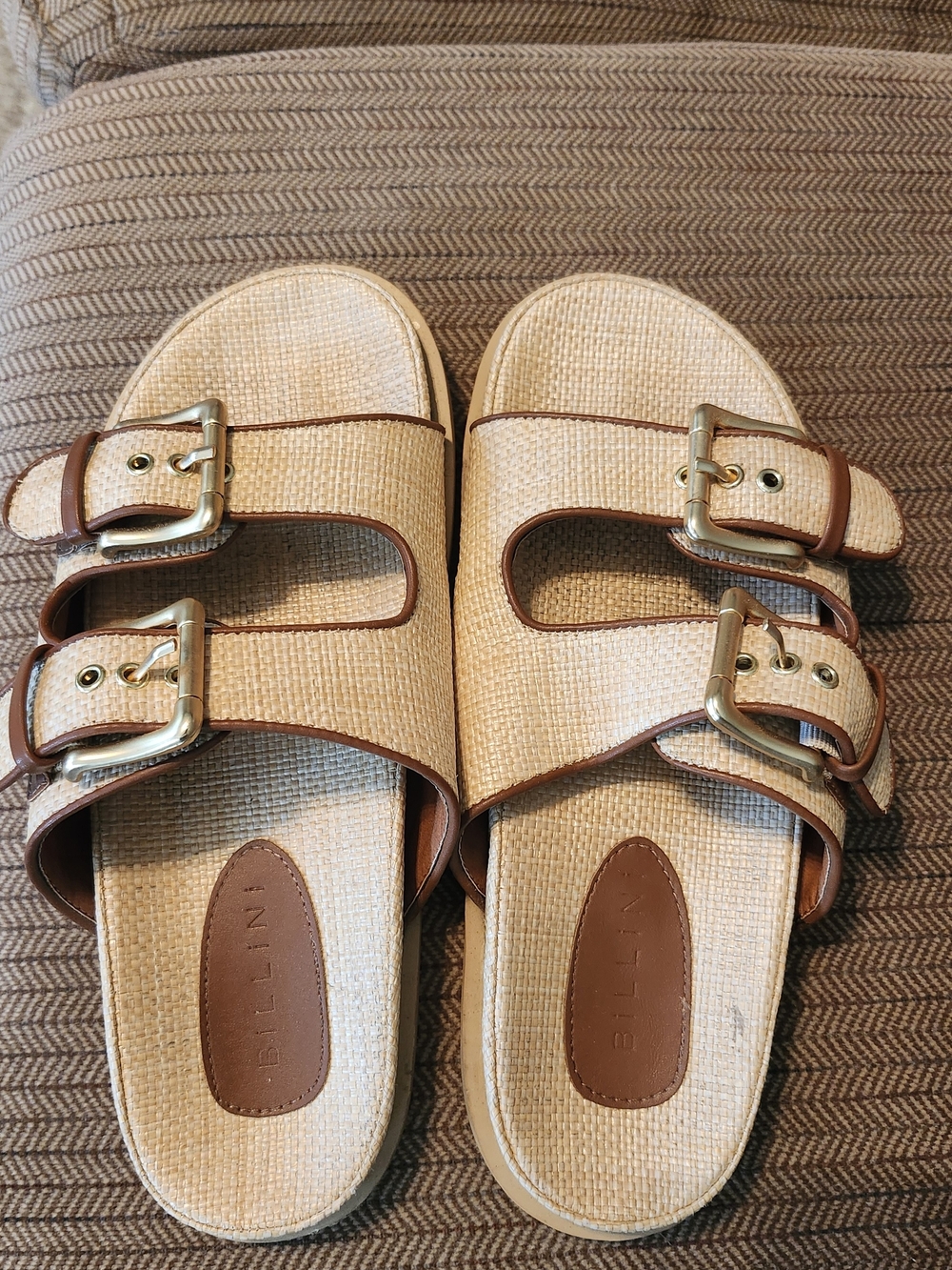 Billini Natural Raffia Double-Buckle Slide Sandals with Brown Trim